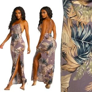 Dress tropical fashion brown tan green slip maxi dress
